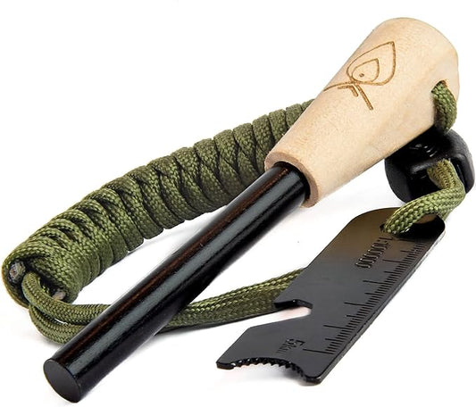 Texas Bushcraft Fire Starter - 3/8" Thick Ferro Rod with Striker and Paracord Wrist Lanyard – Waterproof Flint Fire Steel Survival Lighter for Your Camping, Hiking and Backpacking Gear