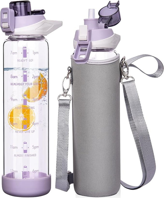 32 oz Sports Glass Water Bottle with Straw and Time Marker, Large Resuable Motivational Glass Drinking Bottle for Infused Water, Fruit, Smoothie, Coffee