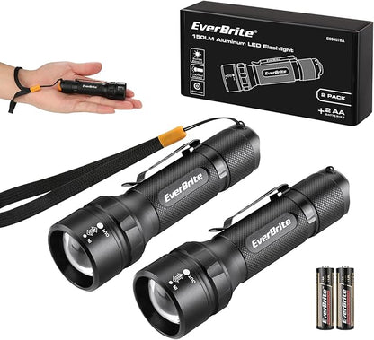 EverBrite 2-Pack 150 Lumens Super Small Mini LED Flashlight, Zoomable Flashlight with Lanyard&Clip, 3 Modes, IPX4 Waterproof, for Camping Hiking, Emergency, EDC, Survival Use, 2 AA Batteries Included