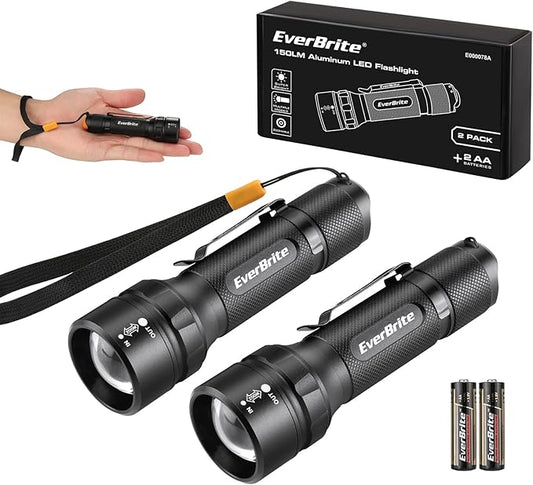 EverBrite 2-Pack 150 Lumens Super Small Mini LED Flashlight, Zoomable Flashlight with Lanyard&Clip, 3 Modes, IPX4 Waterproof, for Camping Hiking, Emergency, EDC, Survival Use, 2 AA Batteries Included