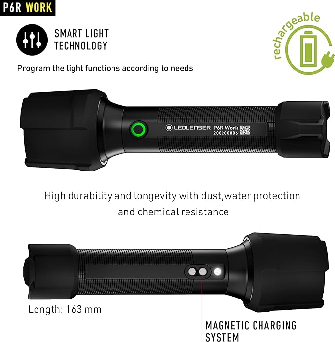 Ledlenser, P6R Work Rechargeable Flashlight, High Power LED, 850 Lumens, Waterproof Light for Professional, Home, Outdoor, Emergency Use, Black