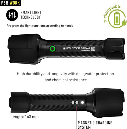 Ledlenser, P6R Work Rechargeable Flashlight, High Power LED, 850 Lumens, Waterproof Light for Professional, Home, Outdoor, Emergency Use, Black