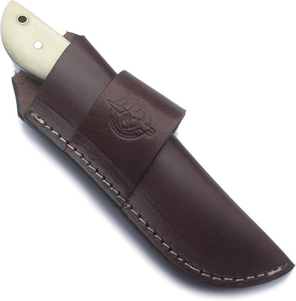 Handmade Damascus Steel Fixed Blade Bowie Knife Ideal for Edc,Fishing,Hunting,Camping,Bushcrafting Skinning and Survival with Full Tang Camel Bone Handle with Cowhide-Leather Sheath-DCX17-7