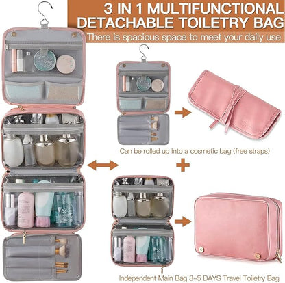 Elviros Travel Toiletry Bag for Men and Women with Hanging Hook, 3 in 1 Multifunctional Large Makeup Cosmetic Case for Toiletries Accessories, Water-resistant PU Leather Bathroom Dopp Kit Shaving Bag