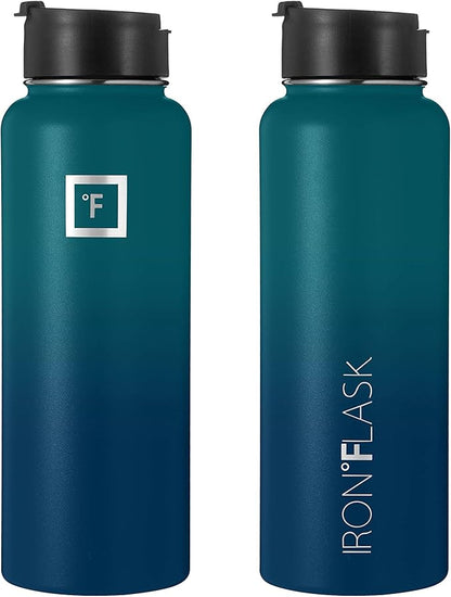 IRON °FLASK Camping & Hiking Hydration Flask, Wide Mouth, 3 Straw Lids, Stainless Steel Outdoor Water Bottle, Double Walled, Insulated Thermos, Metal Canteen - Dark Night, 40 Oz