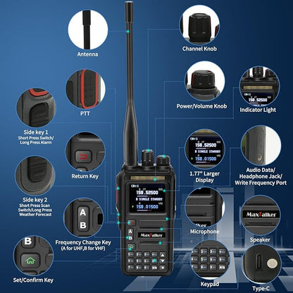 Ham Radio Handheld GMRS Radio: MaxTalker TK-W60 Waterproof Ham Radios Long Range 8W with Tactical Antenna, Two Way Radio Rechargeable Walkie Talkies with Earpiece, Multi-Band VHF UHF Radio for Camping