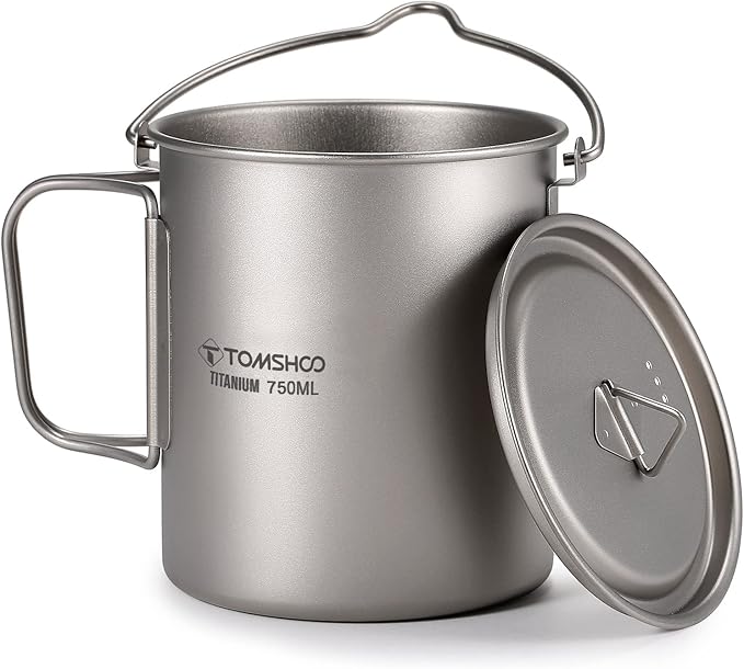 TOMSHOO Camping Titanium Pot 750ml/25.4 oz Outdoor Titanium Mug with Lid Camping Coffee Cup with Foldable Handle for Camping Hiking Travelling Backpacking Camping Open Fire