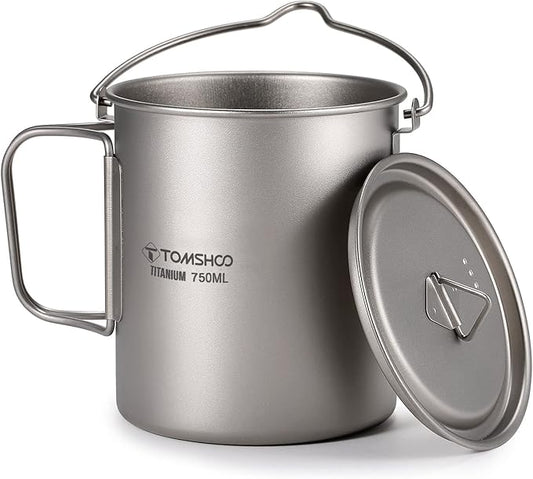 TOMSHOO Camping Titanium Pot 750ml/25.4 oz Outdoor Titanium Mug with Lid Camping Coffee Cup with Foldable Handle for Camping Hiking Travelling Backpacking Camping Open Fire