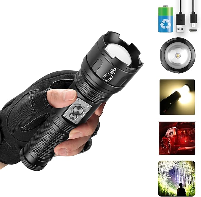 Multifunctional Rechargeable Flashlights High Lumens, 2-in-1 Super Bright Flashlight & Camping Lights, Waterproof Tactical Flashlights with Zoomable, 4+6 Modes for Camping, Hiking, Emergencies