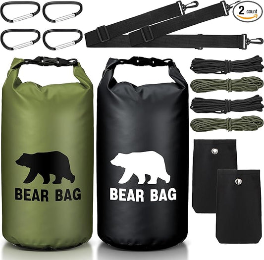 2 Sets Bear Food Bag for Camping Ultralight Food Bag Hanging System Includes 2 Pcs 10 L Waterproof Bear Bag Pulley System and 4 Pcs Nylon Ropes 4 Pcs Clips 2 Pcs Rock Pouch