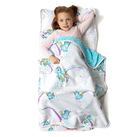 JumpOff Jo - Toddler Nap Mat - Sleeping Bag for Kids with Removable Pillow and Ultra Soft Blanket for Preschool, Daycare, and Sleepovers - Unicorn Pixie Dust