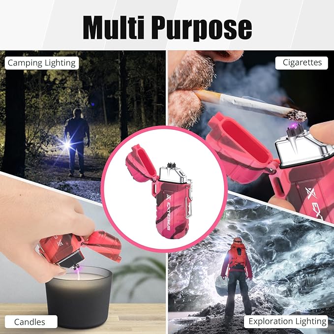 Extremus Blaze 360 Rechargeable Electric Lighters, Dual Arc Lighter, Windproof Plasma Lighter, Waterproof Lighter, Flameless Lighter with Whistle Lanyard for Camping (Pink Camouflage)