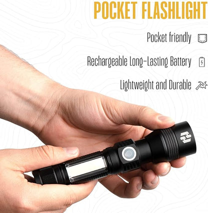 Hayvenhurst LED Flashlight - EDC Flashlight - Tactical Flashlight - 3 in 1 Lightweight, Compact and Rechargeable Pocket Flashlight with Lavish Black Body for Emergency Power Outage