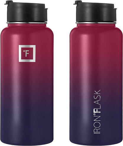 IRON °FLASK Camping & Hiking Hydration Flask, Wide Mouth, 3 Straw Lids, Stainless Steel Outdoor Water Bottle, Double Walled, Insulated Thermos, Metal Canteen - Dark Rainbow, 32 Oz