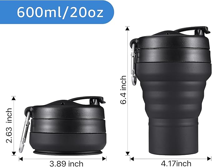 2PACK Collapsible Coffee Cup, 20 OZ 600ml Silicone Folding Camping Cup, Leak Proof BPA Free Portable Cup, Sport Bottle with Lids for hiking (Black)