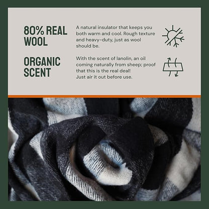 Woolly Mammoth Merino Wool Blanket- 66" x 90" 4 lbs Thick, Outdoor/Indoor Throw for Campfire, Picnic, Beach, Van Life, Home, Army- Farmhouse Collection Heavy Duty Insulating Sleep Plaid, Black/Cream