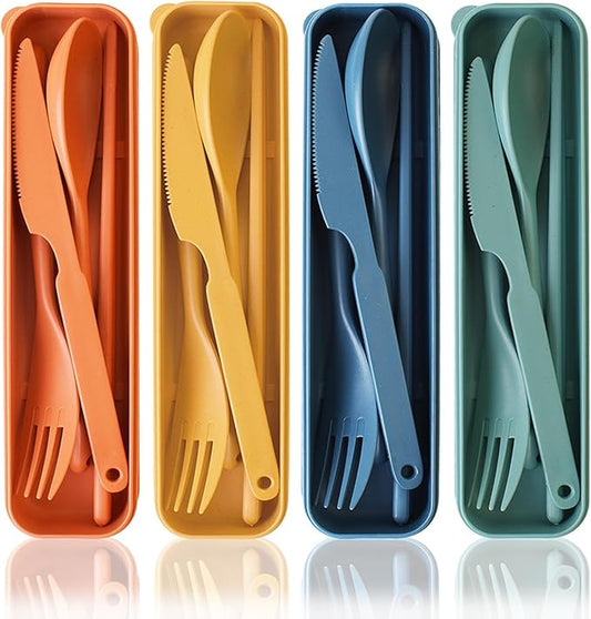Reusable Utensils Set with Case, 4 Sets Large Plastic Travel Cutlery Set with Chopsticks, Portable Fork Spoons Knife Set Lunch Box Utensil Set for Adults Camping Picnic Use