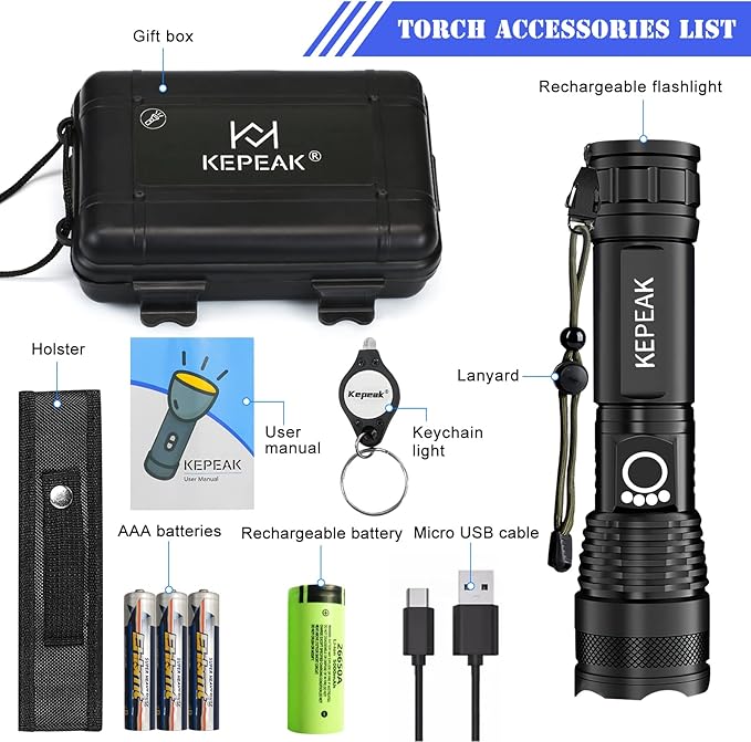 KEPEAK Rechargeable LED Flashlight High Lumens, Super Bright 10000 Lumens Tactical Handheld Flash Light, Water-Resistant, Zoomable, 5 Light Modes for Emergency, Camping
