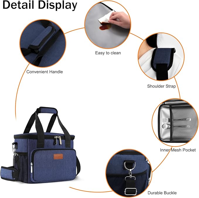 Femuar Lunch Bags for Women/Men, Insulated Lunch Bag for Work Office Picnic - Large Lunch Cooler Bag Leakproof Lunch Box with Adjustable Shoulder Strap for Adults - Blue(15L)