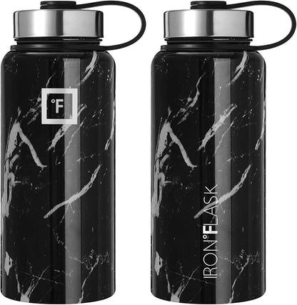 IRON °FLASK Camping & Hiking Hydration Flask, Wide Mouth, 3 Straw Lids, Stainless Steel Outdoor Water Bottle, Double Walled, Insulated Thermos, Metal Canteen - Black Marquina, 32 Oz
