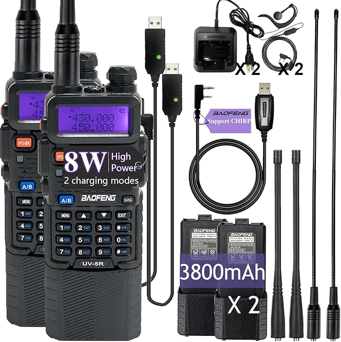 BAOFENG UV-5R 8W Handheld Ham Radio Long Range Walkie Talkies for Adults UV5R Dual Band with 3800mAh Battery,USB Charger,Programming Cable, D15 Antenna 2 Pack