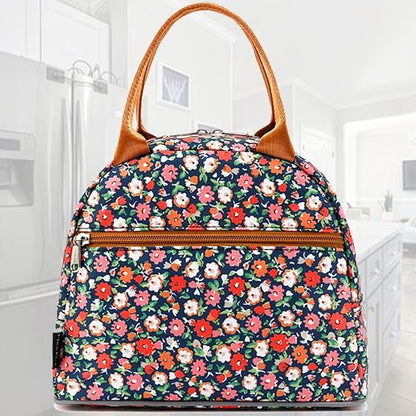 FlowFly Insulated Lunch Bag for Women, Men, and Kids, Large and Reusable, Handle, Freezable Work and School Travel Tote and Meal Prep Organizer, Waterproof Polyester,Floral