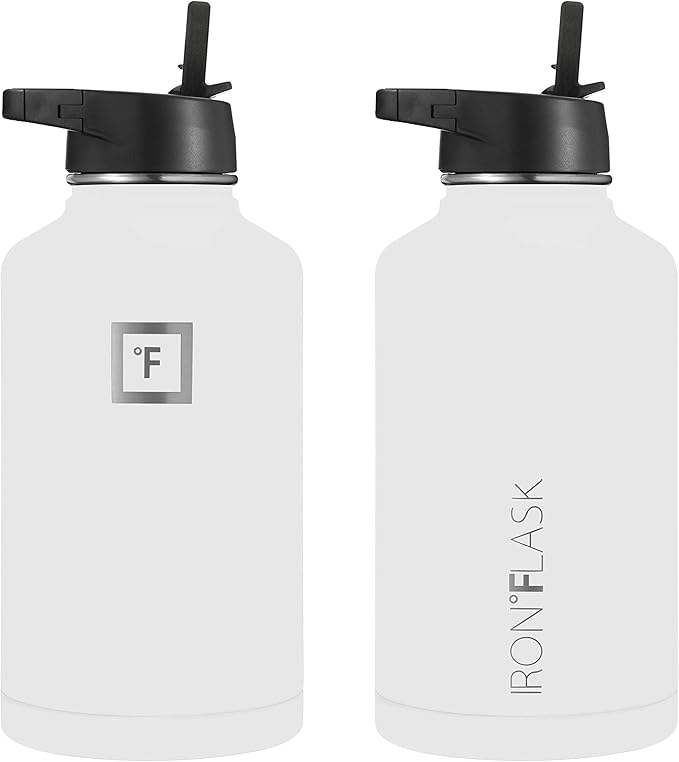 IRON °FLASK Camping & Hiking Hydration Flask, Wide Mouth, 3 Straw Lids, Stainless Steel Outdoor Water Bottle, Double Walled, Insulated Thermos, Metal Canteen - Winter White, 64 Oz