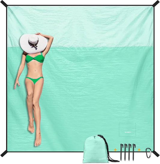 Beach Blanket Waterproof Sandproof Large Beach Mat 79" X 87", Quick Drying Durable Portable Lightweight Outdoor Nylon Picnic Blanket for Travel Camping Hiking, Green