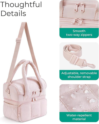 BAGSMART Lunch Bag Women, Double Deck Insulated Lunch Box, Quilted Puffer Lunch Tote, Leakproof, Durable & Reusable Large Lunch Cooler For Work Picnic Travel Meal Prep, Beige