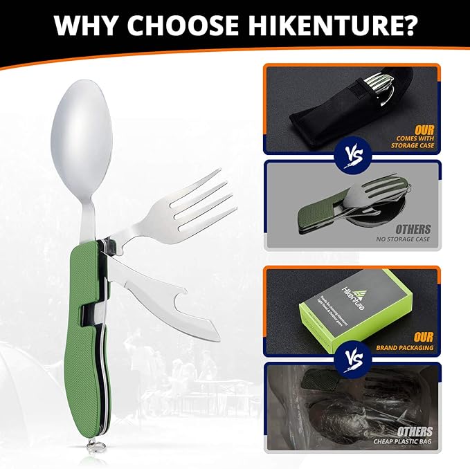 HIKENTURE 4-in-1 Camping Utensils,Stainless Steel Spoon Fork Knife Combo with Bottle Opener,Backpacking Eating Cutlery for Traveling,Hiking,Scouting Hobo Multitool Set (Army Green)