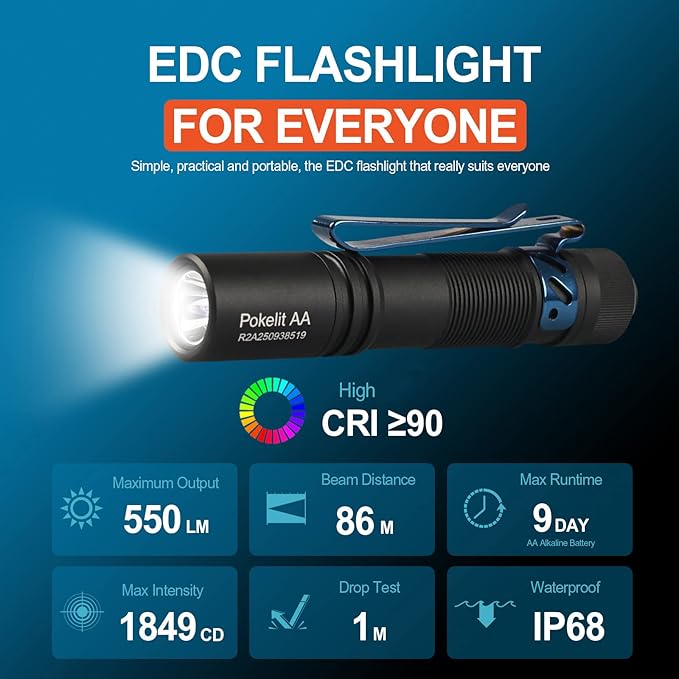 ACEBEAM Pokelit AA Rechargeable Mini Flashlight with Clip, 550 High Lumens Pocket EDC Flashlight, Super Bright Small Flashlight, 90+ High CRI Led Flashlight for Camping, Hiking, Everyday Use(Black)