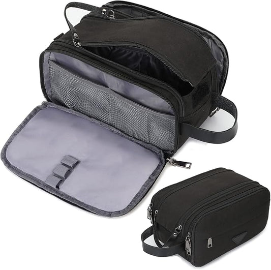 Mens Toiletry Bag Travel Leather Toiletry Organizer Dopp Kit for Men Water-resistant Shaving Bag for Bathroom (Black)