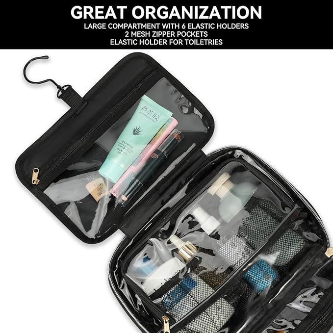Voova Hanging Travel Toiletry Bag for Women Men, Waterproof Makeup Cosmetic Organizer Holder for Toiletries Accessories, Traveling Essentials,Shampoo,Full-Sized Container, Brushes Kit Set, Black