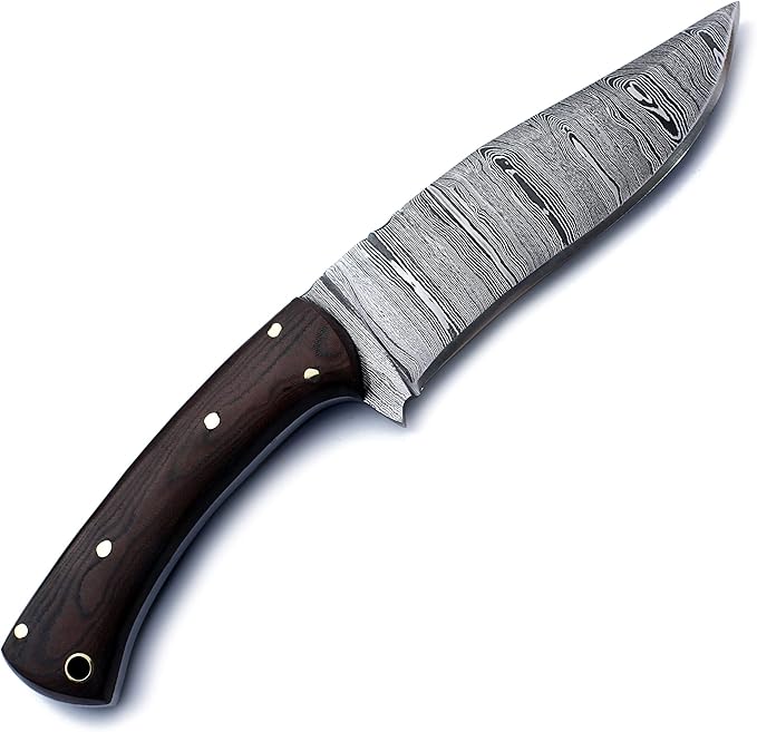 Handmade Damascus Steel Knife Bowie for Hunting, Survival,Camping,Bushcraft,Fishing,Fixed Blade with Recurve Full Tang Micarta Handle, Leather Sheath - WKD-776