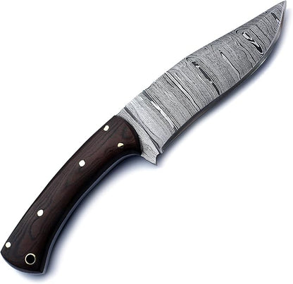 Handmade Damascus Steel Knife Bowie for Hunting, Survival,Camping,Bushcraft,Fishing,Fixed Blade with Recurve Full Tang Micarta Handle, Leather Sheath - WKD-776