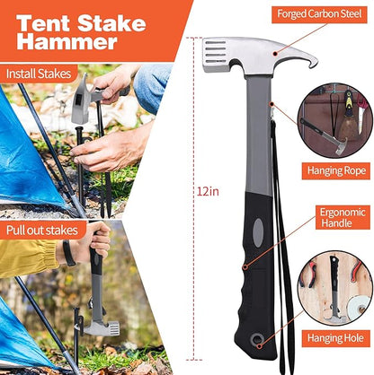 16pcs Tent Stakes and Hammer Set, 12in Heavy Duty Forged Steel Tent Stakes + Camping Hammer + Storage Pouch, Available in Rocky Place (16pcs 12in Stake+Hammer)