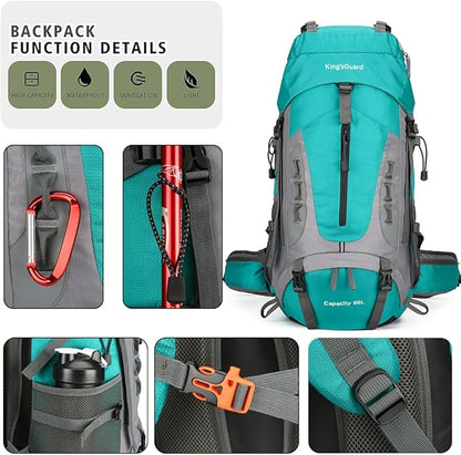 King'sGuard 60L Hiking Backpack Men Women Camping Backpack Waterproof Backpacking Mountaineering Climbing Daypack (Lake Blue)