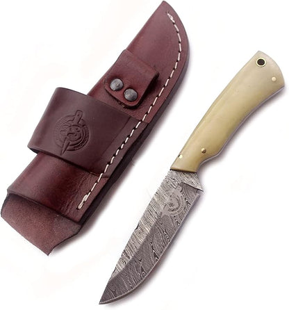Handmade Damascus Steel Knife for Hunting,Survival,Camping,Bushcraft and Fishing-Fixed Blade Dagger with Drop Point Full Tang-Bone Handle with Cowhide-Leather Sheath DCX 22 -201
