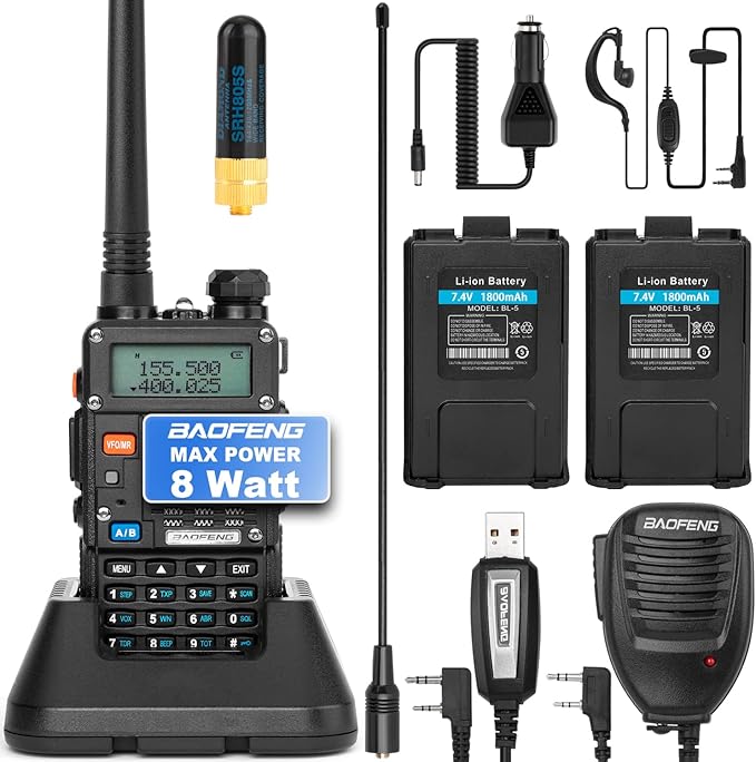 BaoFeng UV-5R 8-Watt (3rd Gen) Handheld Ham Radio with 2 Rechargeable Battery, Dual-Band 2-Way Radio Handheld Walkie Talkies Complete Set with Earpiece and Programming Cable (Pack 1)