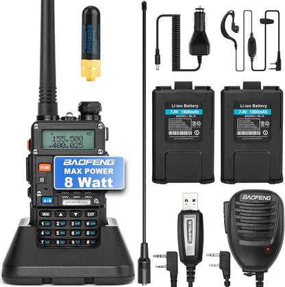 BaoFeng UV-5R 8-Watt (3rd Gen) Handheld Ham Radio with 2 Rechargeable Battery, Dual-Band 2-Way Radio Handheld Walkie Talkies Complete Set with Earpiece and Programming Cable (Pack 1)