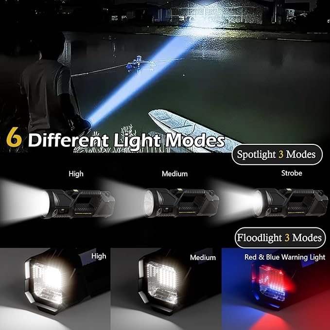 Solar Flashlight,1800 Lumens 6 Modes LED Spotlight Flashlight with Solar Panel, Rechargeable Portable LED Searchlight for Outdoor Hunting Fishing Camping Emergency