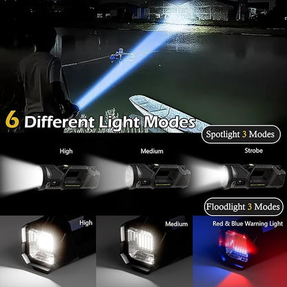 Solar Flashlight,1800 Lumens 6 Modes LED Spotlight Flashlight with Solar Panel, Rechargeable Portable LED Searchlight for Outdoor Hunting Fishing Camping Emergency