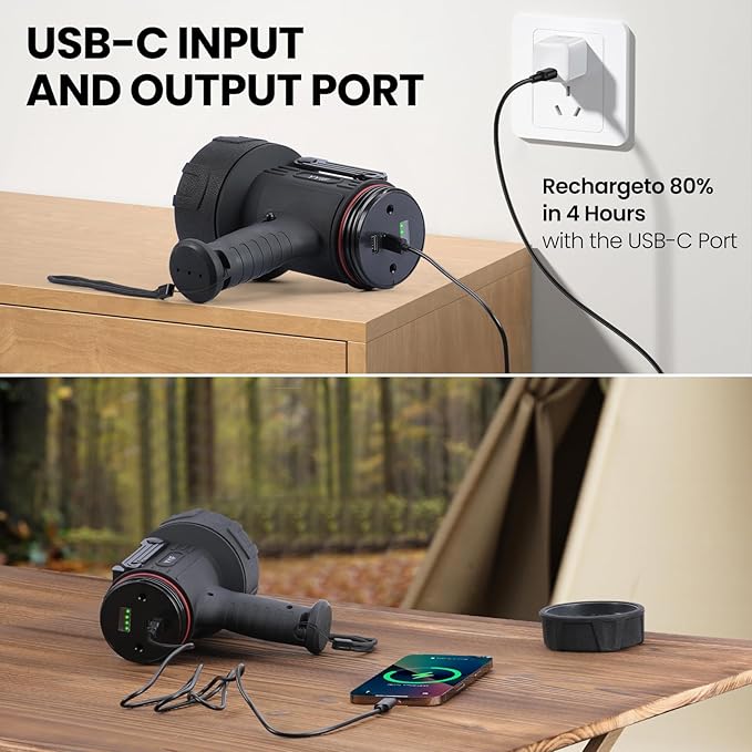 Rechargeable Spotlight, Handheld Spotlight with COB Light Source, IPX6 Waterproof &100000 Lumen LED, 10000mAh 20 Hour StandbyImpact Resistant Handheld Spotlight(Black)