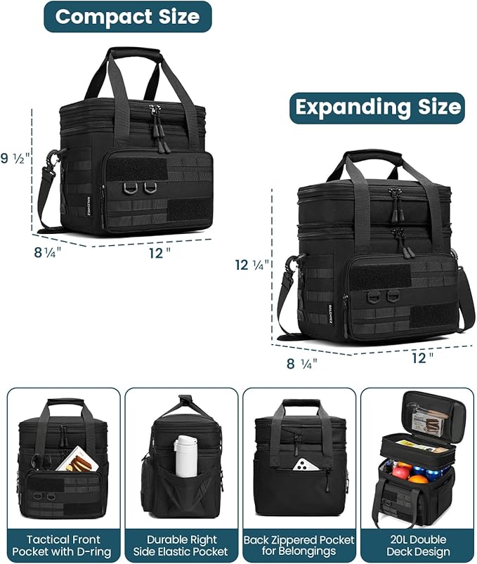 RalChyez Tactical Lunch Box, 20L Large Heavy Duty Double Deck Insulated Lunch Bag Leakproof Expandable Tote Cooler with Shoulder Strap for Adult Men Women Work Fishing Picnic Travel Black