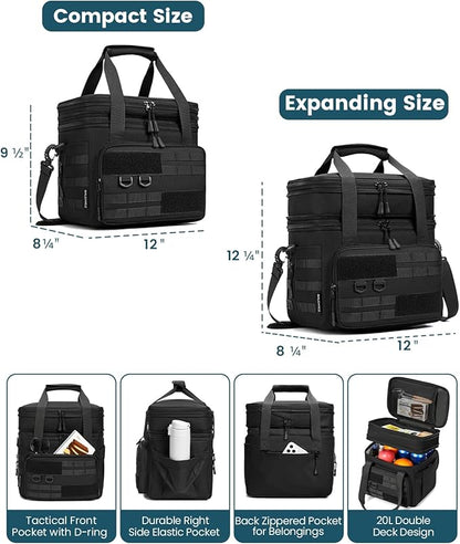 RalChyez Tactical Lunch Box, 20L Large Heavy Duty Double Deck Insulated Lunch Bag Leakproof Expandable Tote Cooler with Shoulder Strap for Adult Men Women Work Fishing Picnic Travel Black