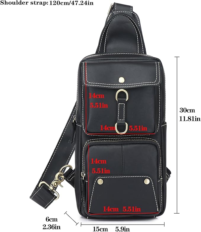 KPYWZER Sling Bag Men Women Genuine Leather Shoulder Backpack Satchel Chest Casual Daypack Crossbody Outdoor Day Pack Backpacks Black