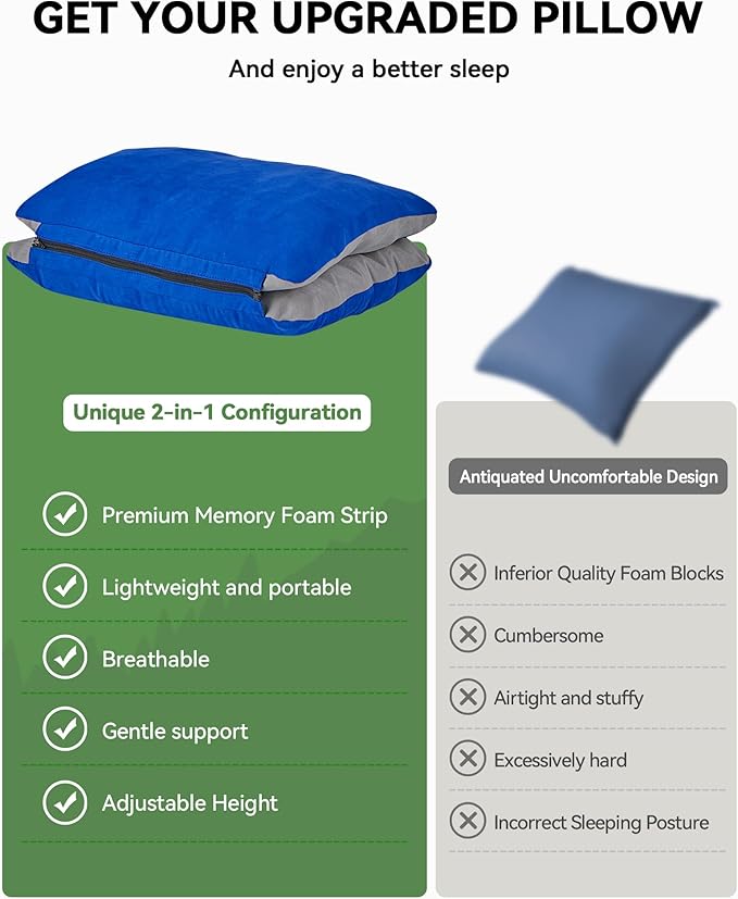 JefDiee Inflatable Camping Pillow with Memory Foam and Washable Cover Camping Gear and Travel Pillow for Airplanes, Camping