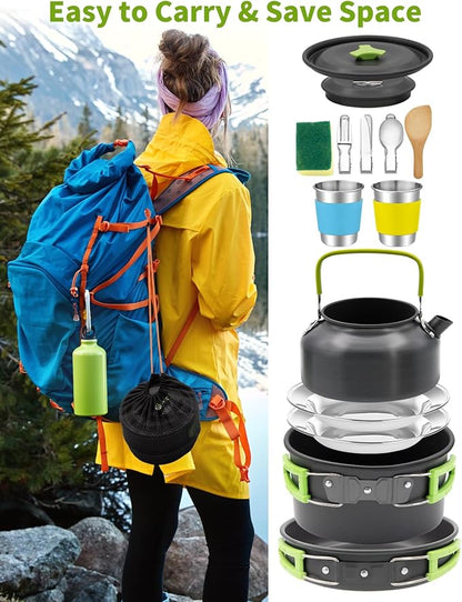 16pcs Camping Cookware, Backpacking Compact Camping Cooking Set Camping Pot with Stainless Steel Cups Plates Forks Knives Spoons, Camping Pots and Pans Set for Backpacking, Outdoor Cooking