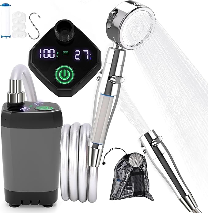 Portable Camping Shower Kit, Rechargeable 6000mAh Electric Outdoor Shower Pump, Upgrade High Pressure Shower Head Nozzle with Filter for Travel, Hiking, Car Washing, Pet Bath, Plant Watering