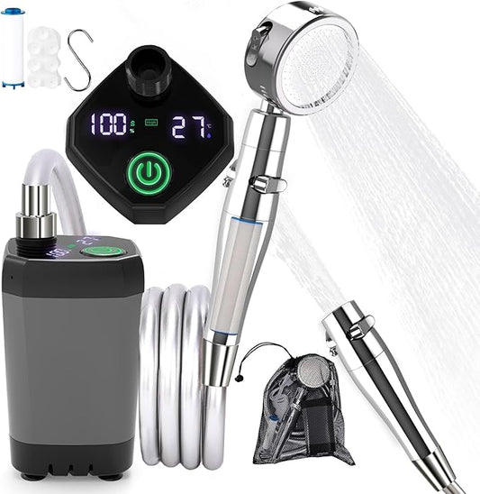 Portable Camping Shower Kit, Rechargeable 6000mAh Electric Outdoor Shower Pump, Upgrade High Pressure Shower Head Nozzle with Filter for Travel, Hiking, Car Washing, Pet Bath, Plant Watering